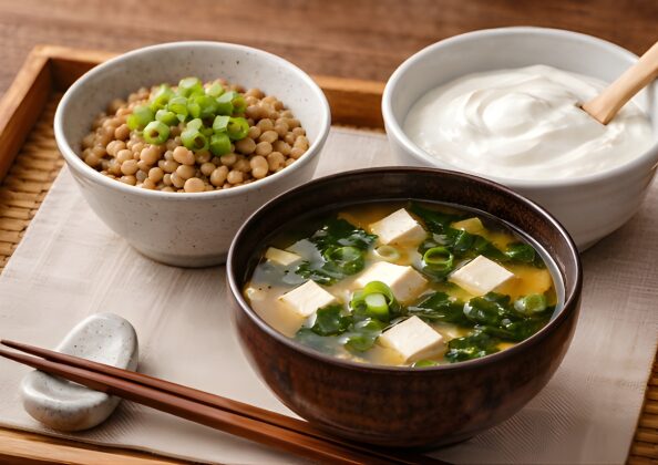 木製のトレイに、味噌汁、納豆、ヨーグルトが並ぶ和朝食の一例。発酵食品を組み合わせて摂ることで、腸内細菌の多様性を高め、免疫機能をサポートする食卓を表現している。