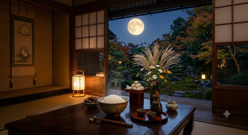 新米とススキを供えたお月見の風景で、日本の秋の食文化と伝統行事を表現した写真です。