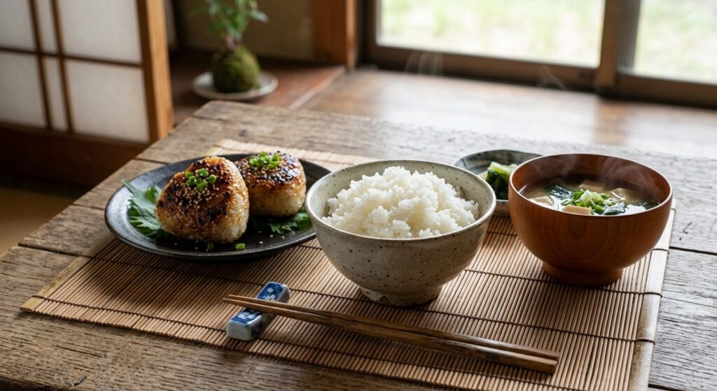 炊きたての新米と味噌料理を組み合わせ、発酵食品との相性を紹介する写真です。