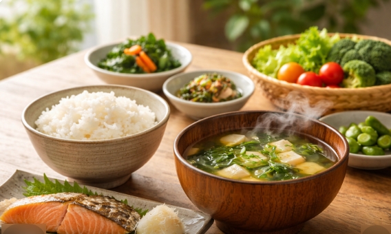 朝食に味噌汁が並ぶ食卓の様子です。温活習慣を表しています。