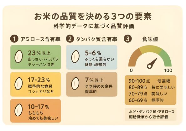 米の品質を決める3つの科学的要素(アミロース含有率・タンパク質含有率・食味値)を図解で説明した日本語インフォグラフィック。各数値帯ごとの食感や美味しさの違いが視覚的に示されている。」