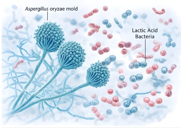 発酵食品に使われる麹菌（アスペルギルス・オリゼー）と乳酸菌を顕微鏡風に描いたイラスト。左に糸状の菌糸と胞子を持つ麹菌、右に球状や楕円形の乳酸菌が集まって描かれ、味噌やヨーグルトなどの発酵に関わる微生物の特徴を示している。
