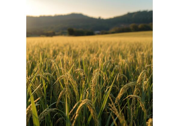 夕暮れの光に照らされた黄金色の稲穂が広がる田園風景。奥には緑の丘が連なり、秋の豊かさと静けさを感じさせる風景。