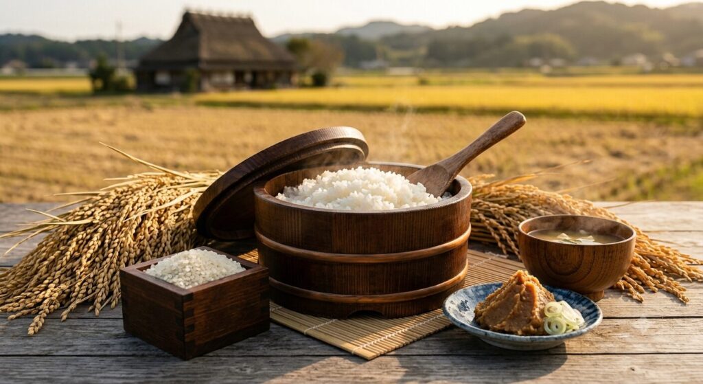 炊きたての新米と黄金色の稲穂、升に入った白米、味噌を添えた和の食卓を通して、日本の食文化を表現した画像です。