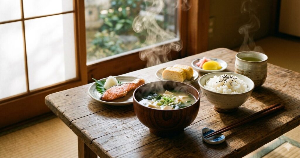 朝食の味噌汁と和食の膳 温かい湯気とともに自律神経を整えるイメージ