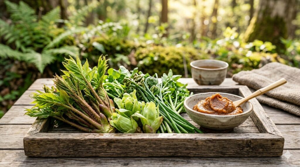 ふきのとうや山菜と味噌が並ぶ木のトレイ 春の食材と発酵食品の組み合わせ