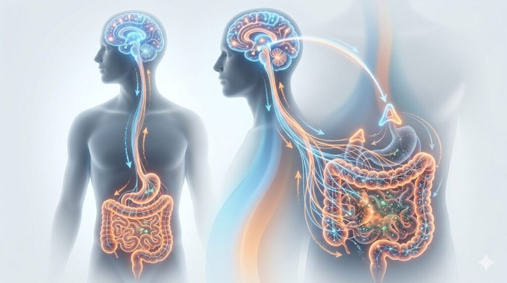 脳と腸がつながるイメージ図 神経伝達と腸内環境の関係を示すビジュアル