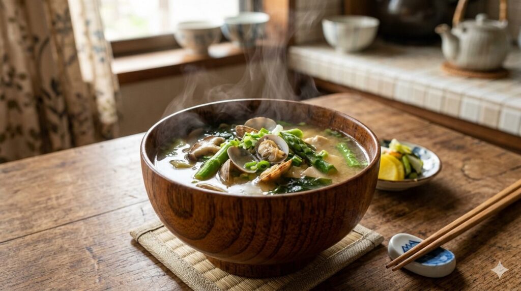 あさりと野菜が入った味噌汁 湯気が立つ温かい汁物で体を整える食事