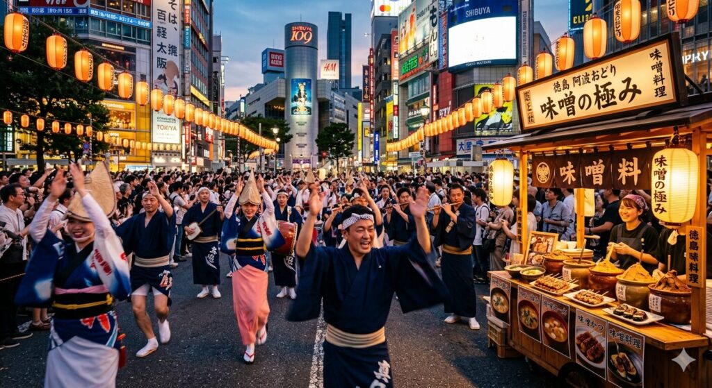 渋谷の阿波おどりイベント会場をイメージした風景と徳島の食文化